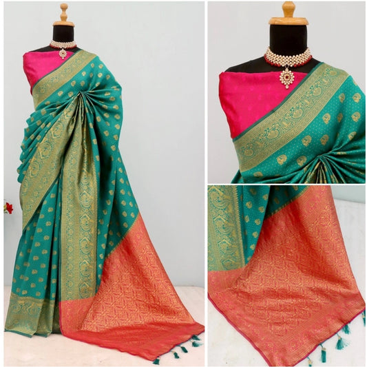 Women's Banarasi Printed Saree With Unstitched Blouse 5.5Mtr (Rama)