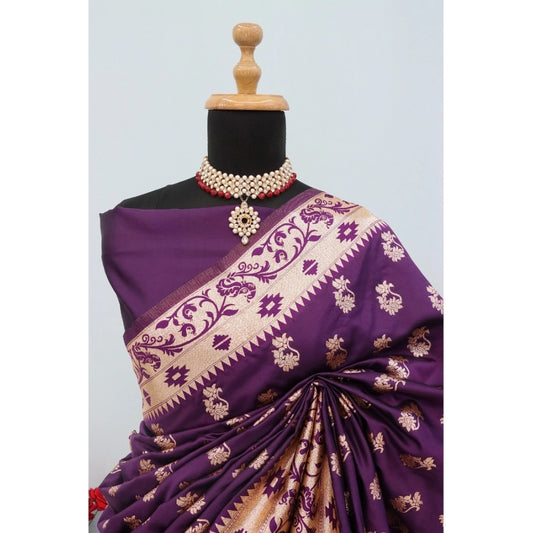 Women's Satin Printed Saree With Unstitched Blouse 5.5Mtr (Purple)