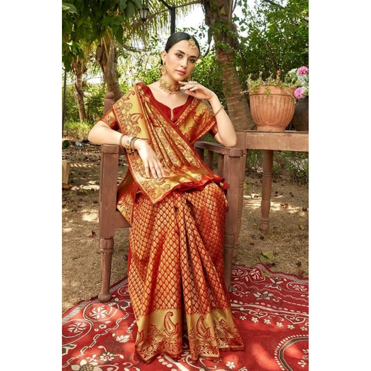 Women's Silk Woven Kanjivaram Saree With Unstitched Blouse (5.5Mtr, Red)
