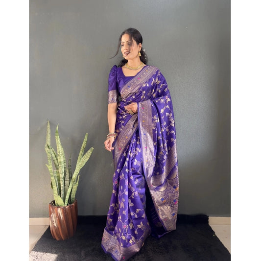 Women's Silk Blend Woven Kanjivaram Saree With Unstitched Blouse (5.5Mtr, Purple)