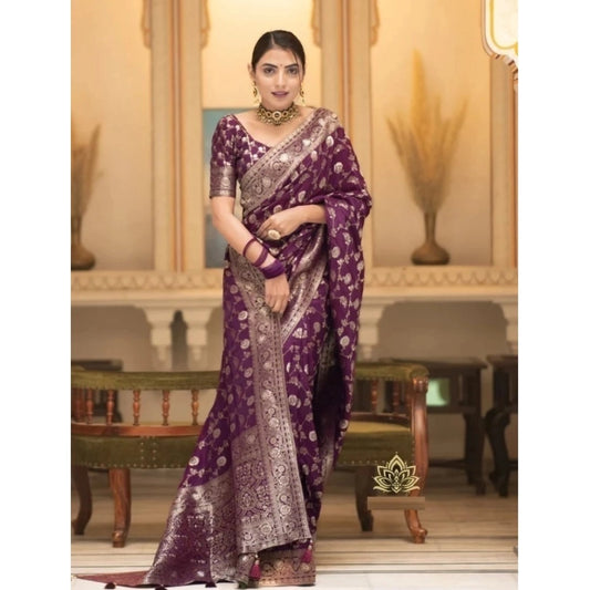 Women's Silk Woven Kanjivaram Saree With Unstitched Blouse (5.5Mtr, Dark Purple)