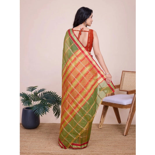 Women's Cotton Silk Checkered Kota Doria Saree With Unstitched Blouse (5.5Mtr, Mehendi)