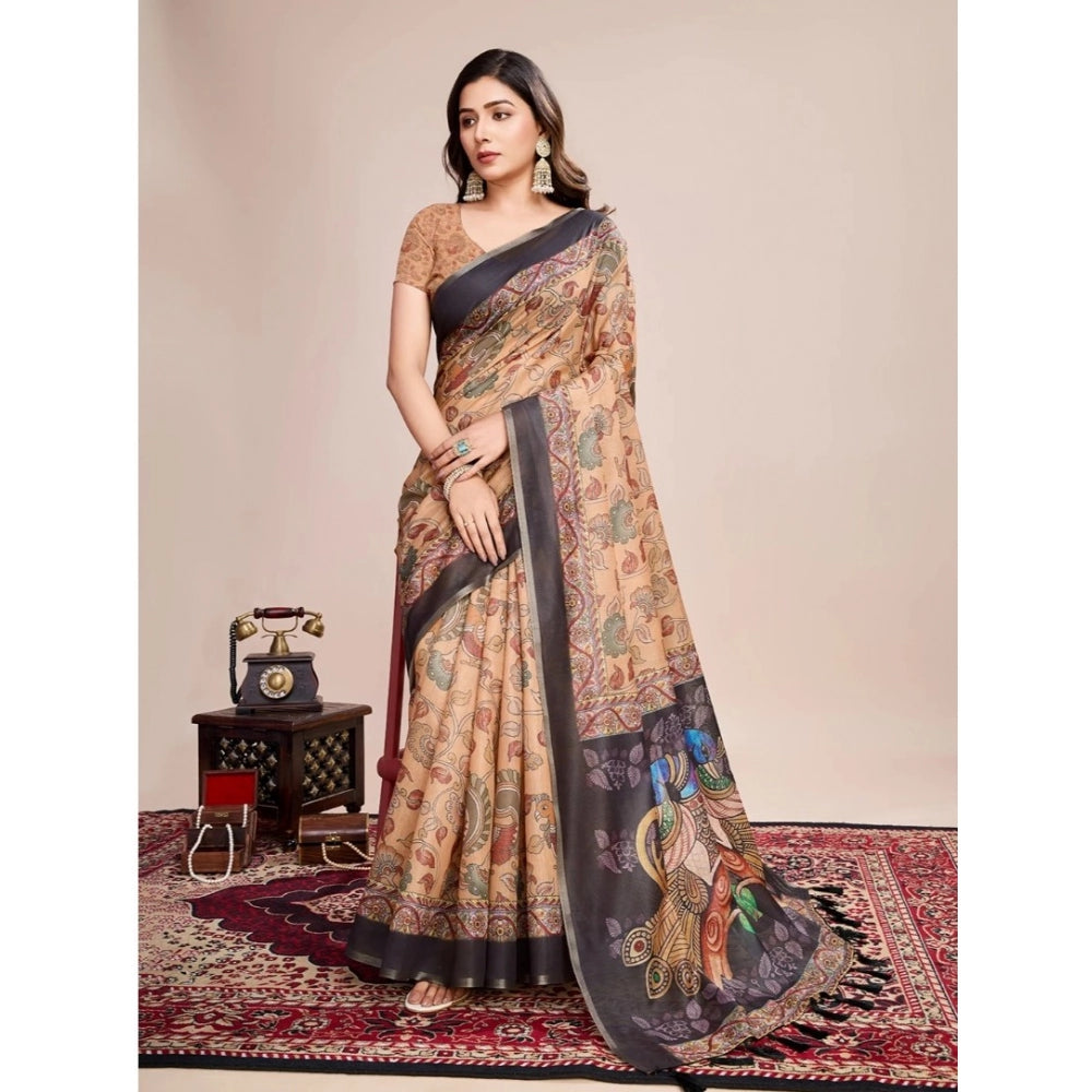Women's Georgette Embroidered Saree With Unstitched Blouse (5.5Mtr, Brown)