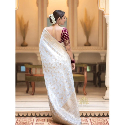Women's Silk Woven Kanjivaram Saree With Unstitched Blouse (5.5Mtr, White)