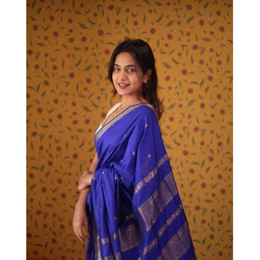 Women's Silk Blend Self Design Bollywood Saree With Unstitched Blouse (5.5Mtr, Blue)