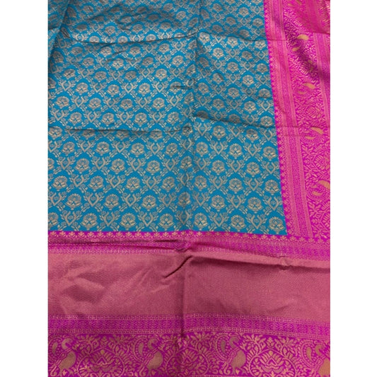 Women's Silk Blend Self Design Banarasi Saree With Unstitched Blouse (5.5Mtr, Sky Blue)