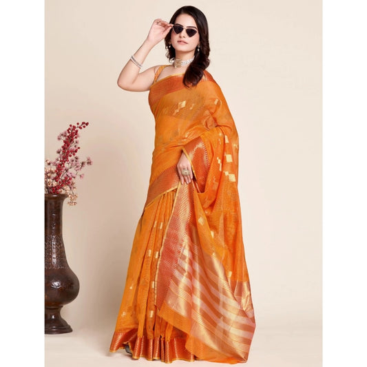 Women's Silk Blend Printed Banarasi Saree With Unstitched Blouse (5.5Mtr, Orange)