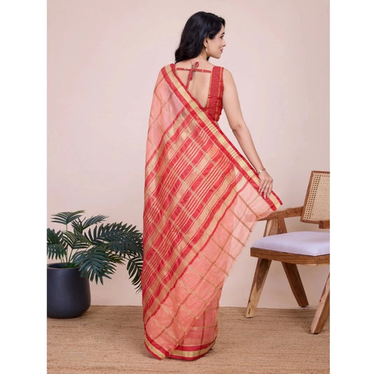 Women's Cotton Silk Checkered Kota Doria Saree With Unstitched Blouse (5.5Mtr, Peach)