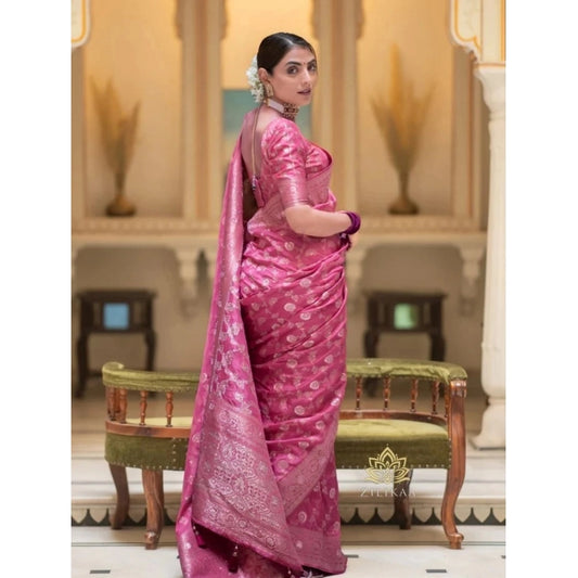 Women's Silk Woven Kanjivaram Saree With Unstitched Blouse (5.5Mtr, Pink)