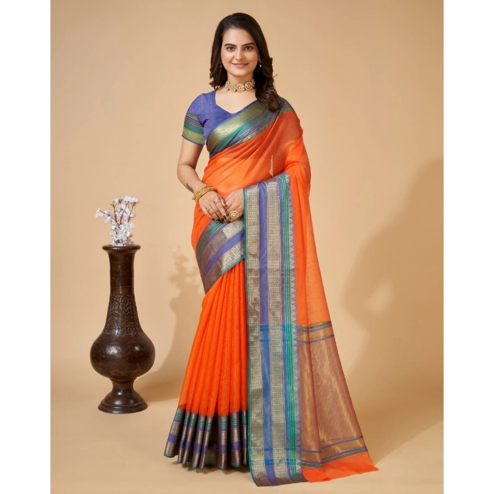 Women's Cotton Blend Woven Saree With Unstitched Blouse (5.5Mtr, Orange)