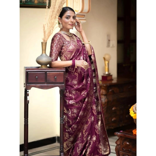 Women's Art Silk Embellished Kanjivaram Saree With Unstitched Blouse (5.5Mtr, Purple)