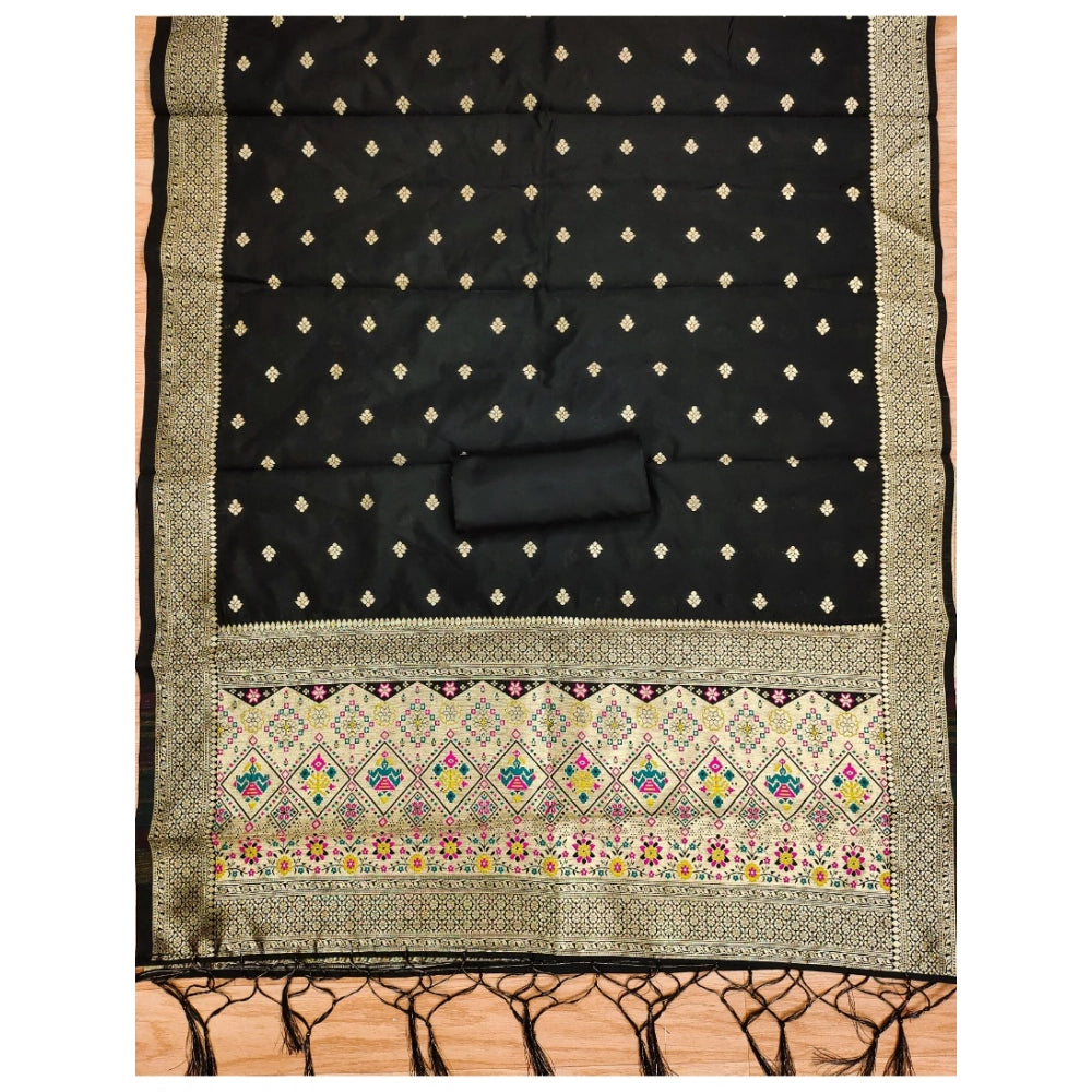 Women's Banarasi Silk Printed Unstitched Salwar Suit Material With Dupatta (Black, 3Mtrs)