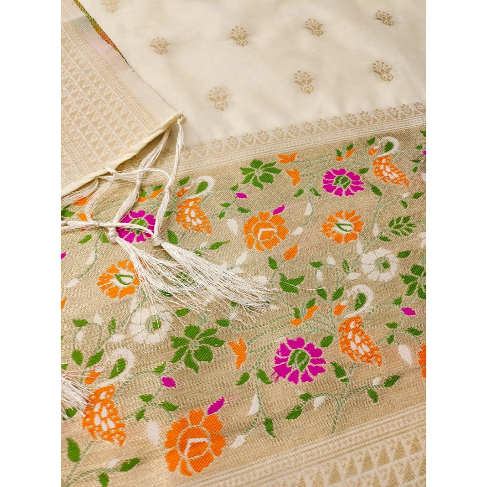 White banarasi silk unstitched salwar suit material — colour detail