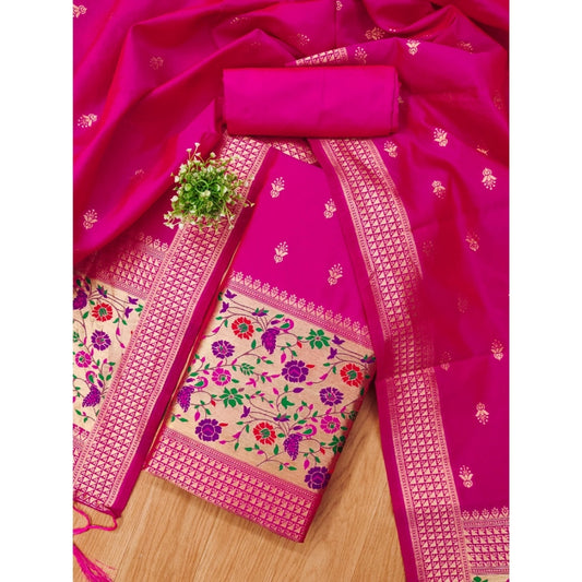 Women's Banarasi Silk Printed Unstitched Salwar Suit Material With Dupatta (Pink, 3Mtrs)