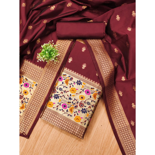 Women's Banarasi Silk Printed Unstitched Salwar Suit Material With Dupatta (Maroon, 3Mtrs)