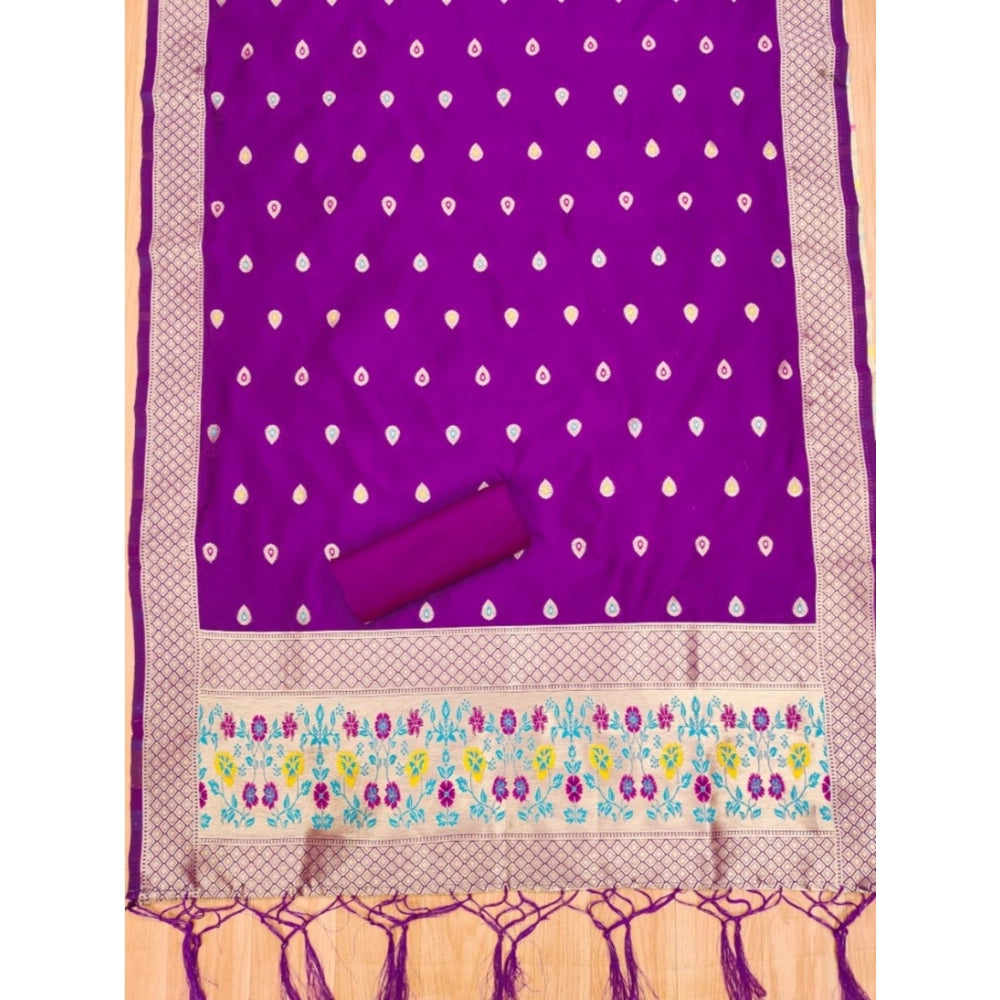 Women's Banarasi Silk Printed Unstitched Salwar Suit Material With Dupatta (Purple, 3Mtrs)