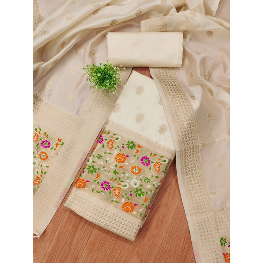 Women's Banarasi Silk Printed Unstitched Salwar Suit Material With Dupatta (White, 3Mtrs)