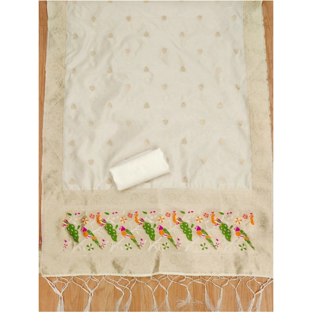 White banarasi silk unstitched salwar suit material — colour detail