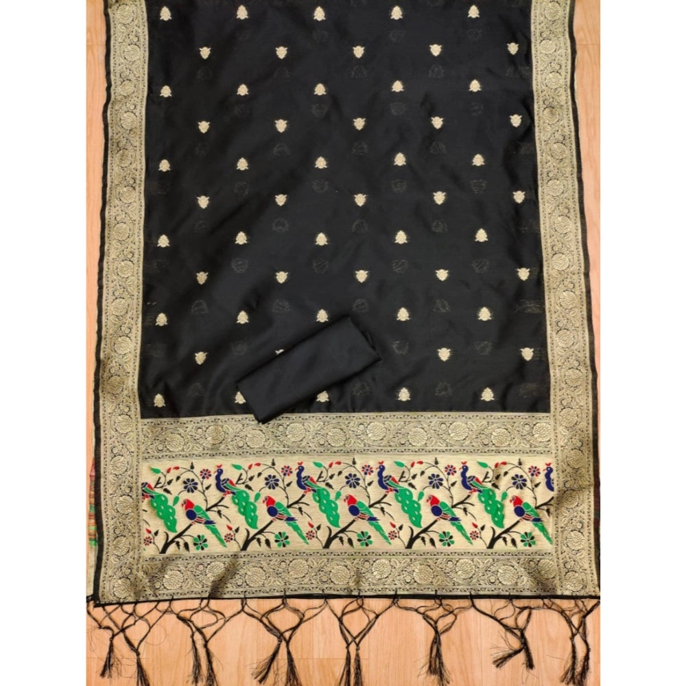 Women's Banarasi Silk Printed Unstitched Salwar Suit Material With Dupatta (Black, 3Mtrs)