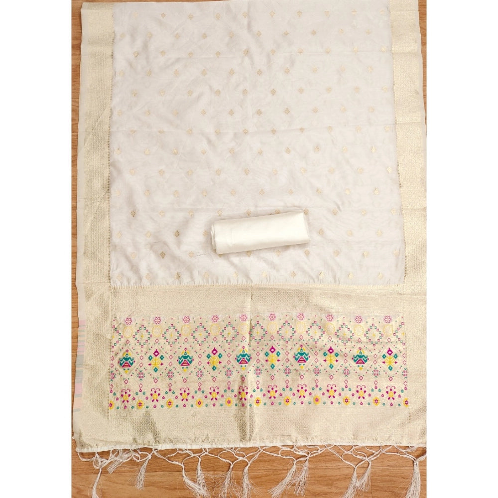 White banarasi silk unstitched salwar suit material — colour detail