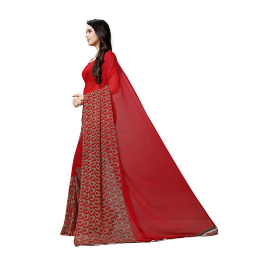 Women's Georgette Printed Saree With Unstitched Blouse 5.5Mtr (Red)