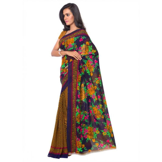 Women's Faux Georgette Printed Saree With Unstitched Blouse 5.5Mtr (Gold)