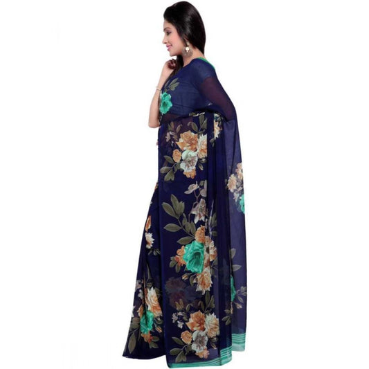 Women's Faux Georgette Printed Saree With Unstitched Blouse 5.5Mtr (Blue)