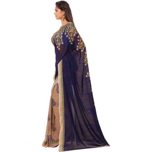 Women's Faux Georgette Printed Saree With Unstitched Blouse 5.5Mtr (Blue)