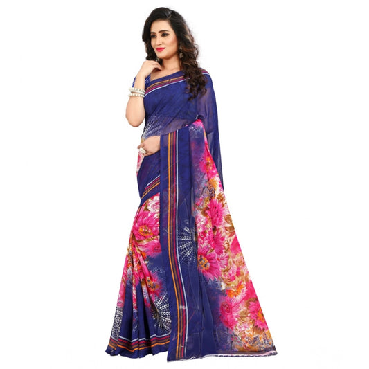 Women's Georgette Printed Saree With Unstitched Blouse 5.5Mtr (Blue)