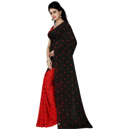 Women's Faux Georgette Printed Saree With Unstitched Blouse 5.5Mtr (Red black)