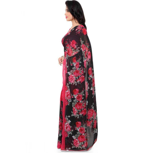 Women's Faux Georgette Printed Saree With Unstitched Blouse 5.5Mtr (Pink)