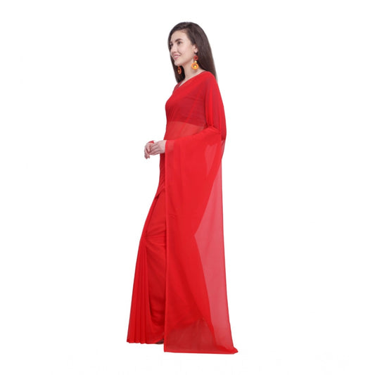 Women's Dyed Solid Saree With Unstitched Blouse 5.5Mtr (Red)