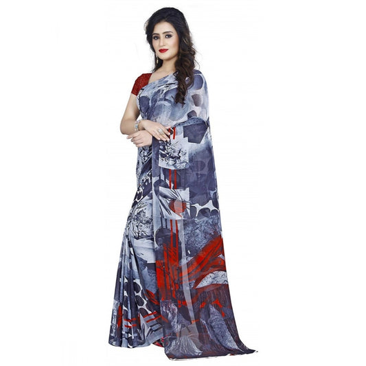 Women's Faux Georgette Printed Saree With Unstitched Blouse 5.5Mtr (Black)