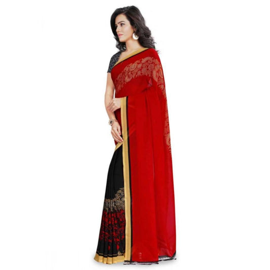 Women's Faux Georgette Printed Saree With Unstitched Blouse 5.5Mtr (Red)