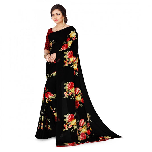 Women's Faux Georgette Printed Saree With Unstitched Blouse 5.5Mtr (Black)