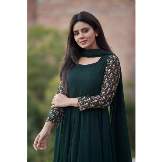 Women's Georgette Embroidery 3-4th Sleeve Round Neck Kurti with Dupatta Set (Green)
