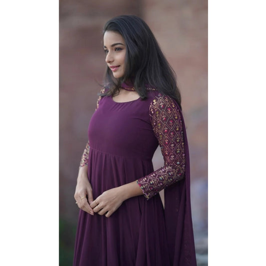 Women's Georgette Embroidery 3-4th Sleeve Round Neck Kurti with Dupatta Set (Wine)