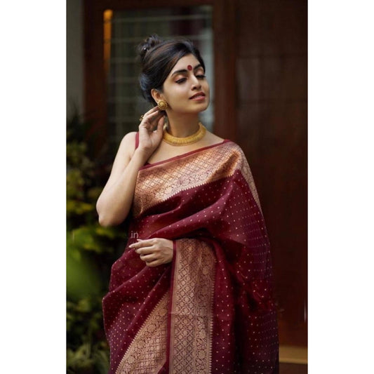 Women's Litchi silk Printed Saree With Unstitched Blouse (Maroon)