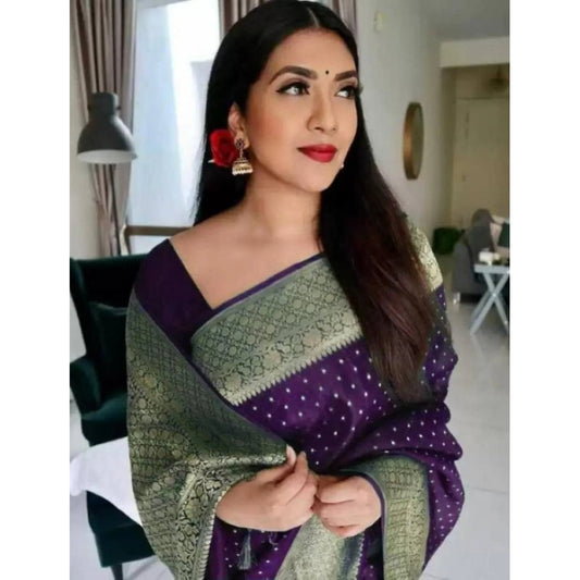 Women's Litchi silk Printed Saree With Unstitched Blouse (Purple)