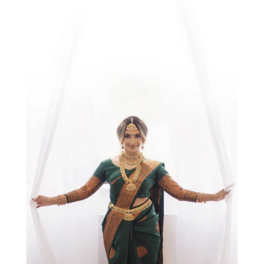 Women's Litchi silk Printed Saree With Unstitched Blouse (Green)