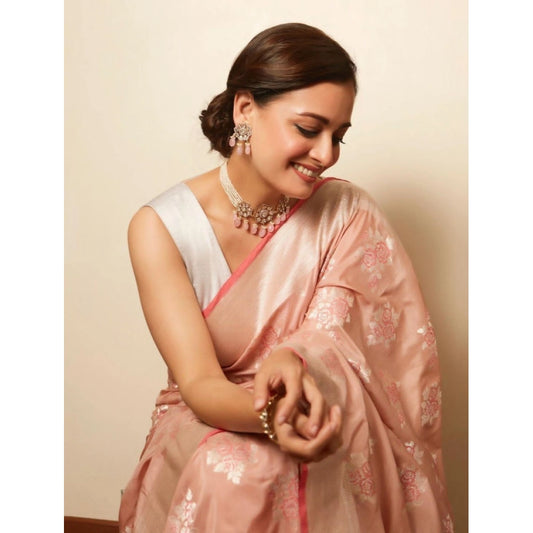 Women's Litchi silk Printed Saree With Unstitched Blouse (Peach)