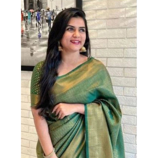 Women's Litchi silk Printed Saree With Unstitched Blouse (Green)