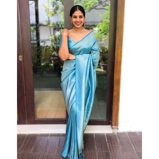 Women's Litchi silk Printed Saree With Unstitched Blouse (Sky Blue)