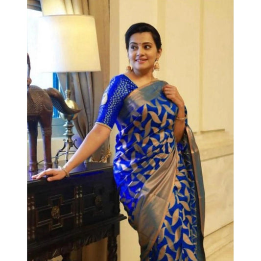 Women's Litchi silk Printed Saree With Unstitched Blouse (Blue)
