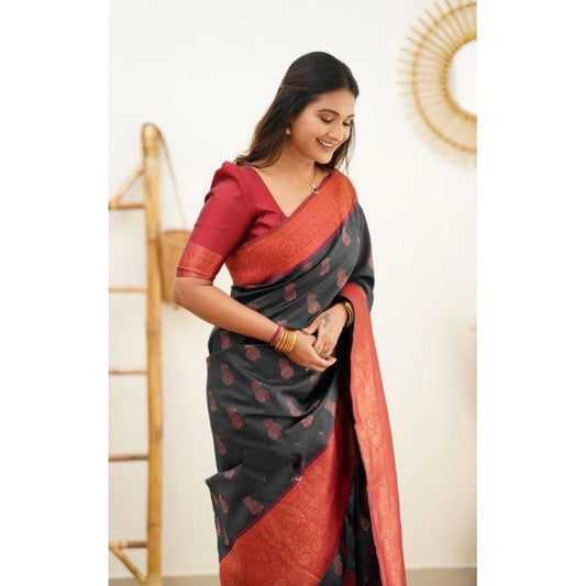 Women's Litchi silk Printed Saree With Unstitched Blouse (Grey)