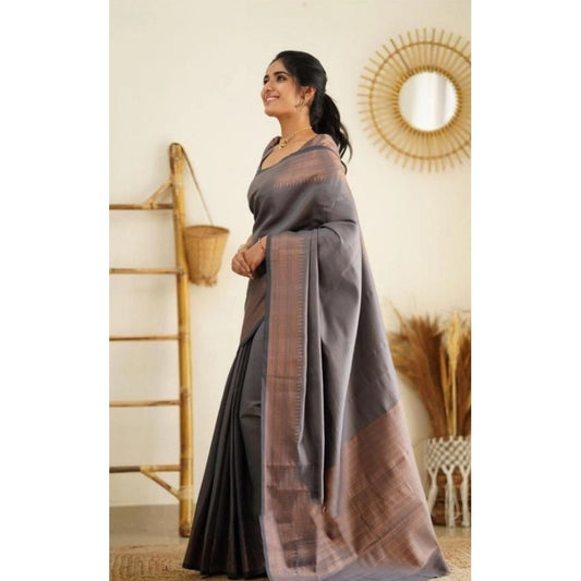 Women's Litchi silk Printed Saree With Unstitched Blouse (Grey)