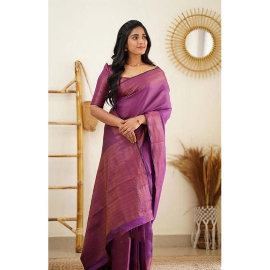 Women's Litchi silk Printed Saree With Unstitched Blouse (Purple)