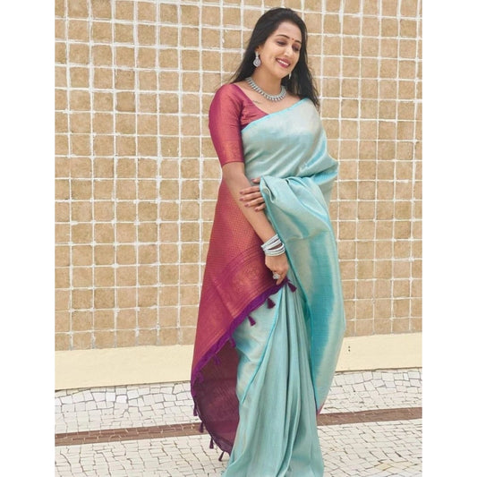 Women's Litchi silk Printed Saree With Unstitched Blouse (Blue)