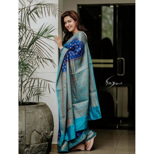Women's Litchi silk Printed Saree With Unstitched Blouse (Navy Blue)