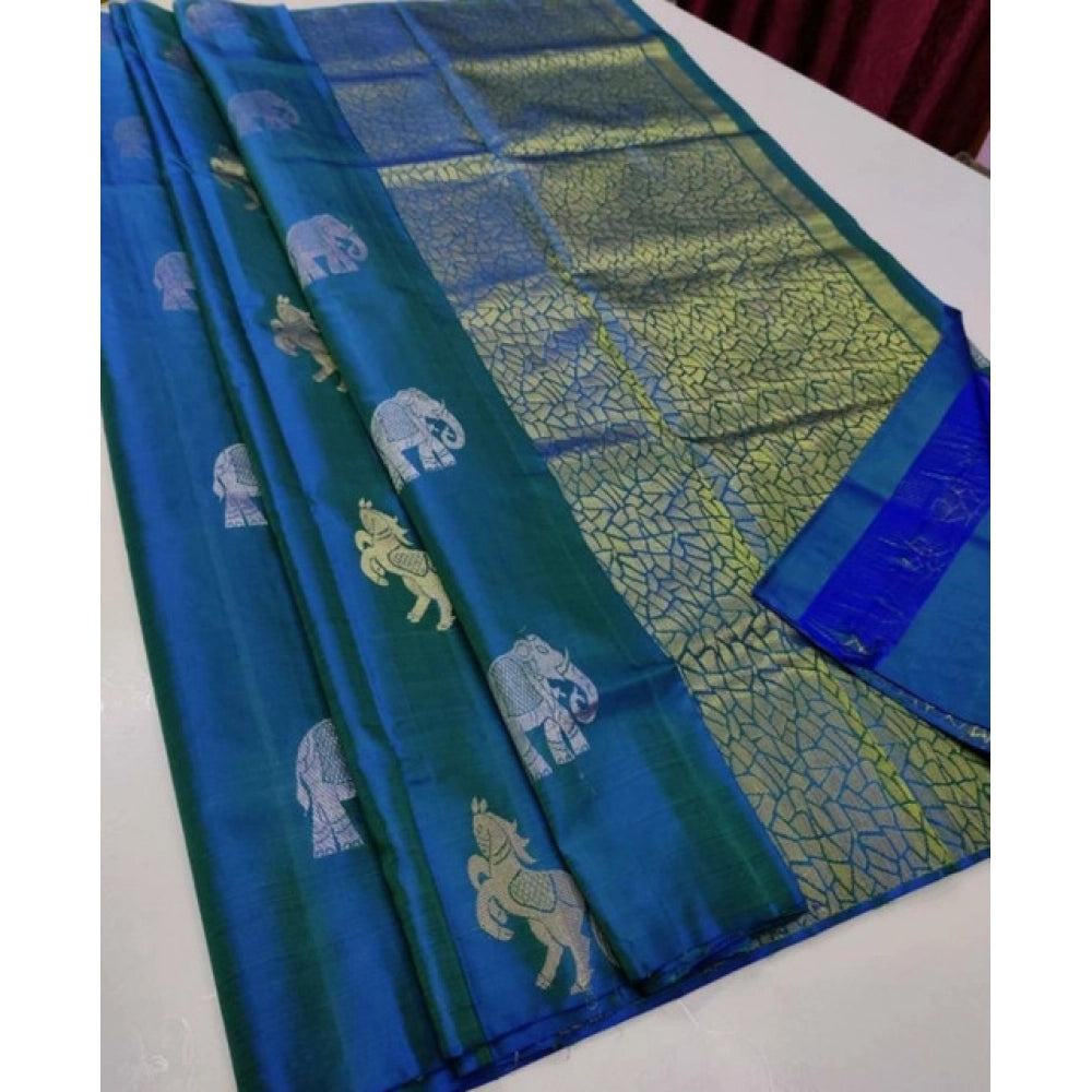 Women's Litchi silk Printed Saree With Unstitched Blouse (Turquise Blue)
